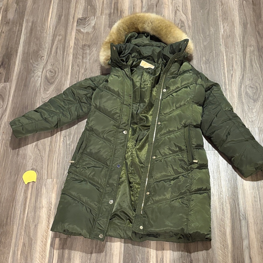 Michael Kors Olive Puffer Jacket with Fur Trim